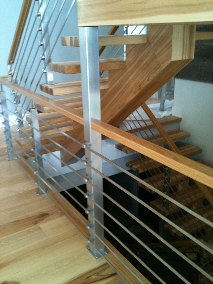 Hickory with Horizontal Stainless 1 Contemporary Staircase Edmonton by Architech Stairs