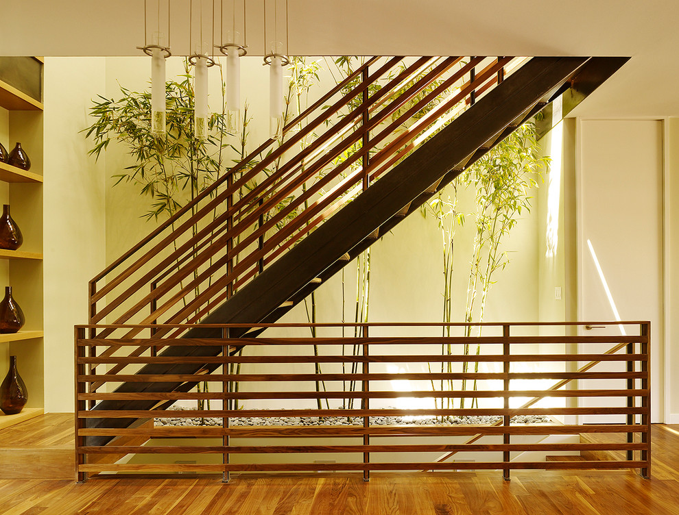 This is an example of a contemporary straight staircase in San Francisco with open risers.