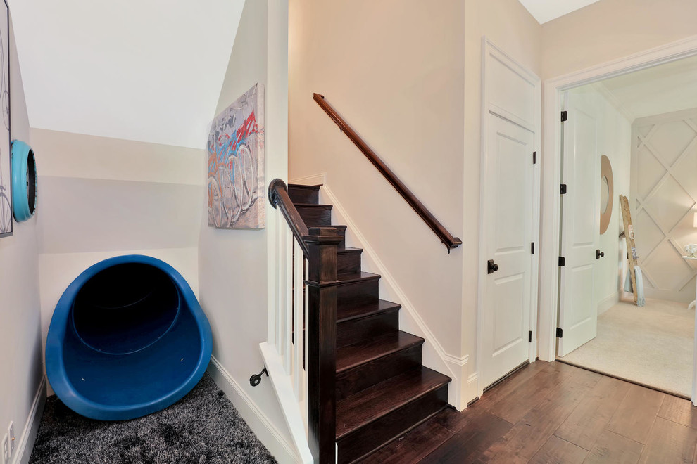 Transitional wooden staircase photo in Richmond with wooden risers