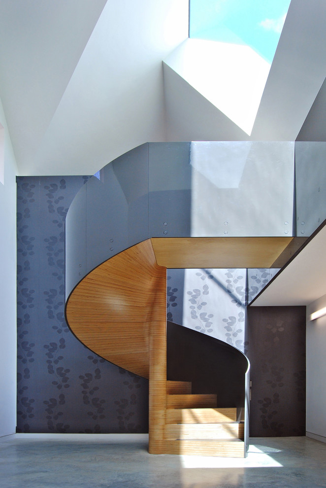 This is an example of a large contemporary wood spiral staircase in London with wood risers.