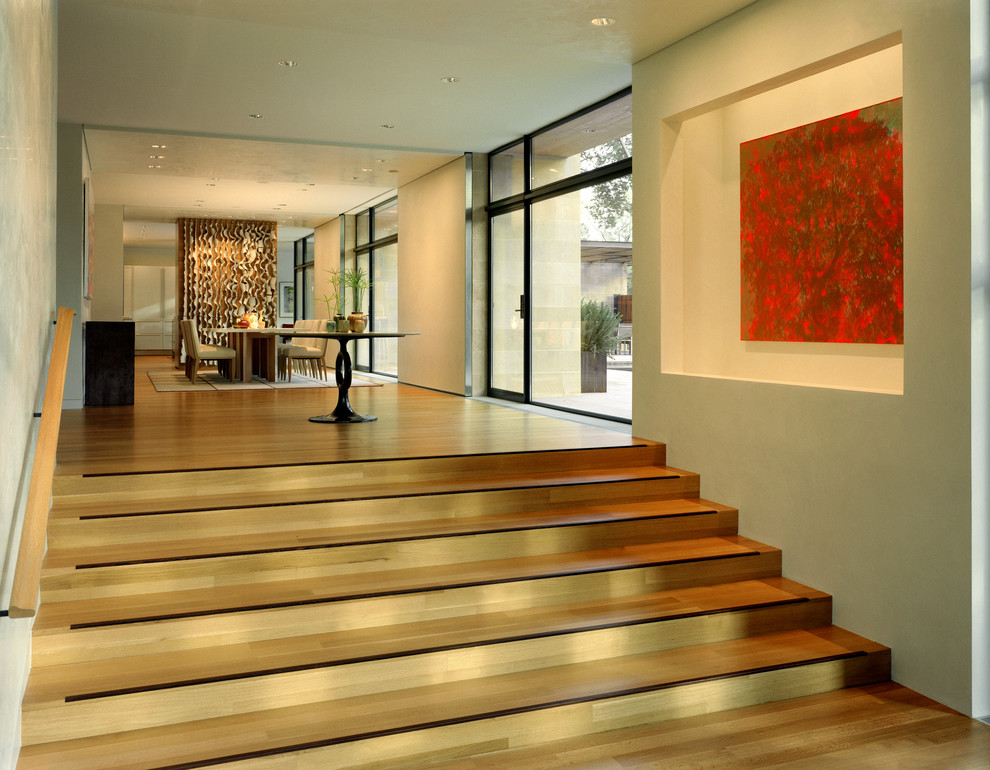 This is an example of a contemporary wood straight staircase in Dallas with wood risers.