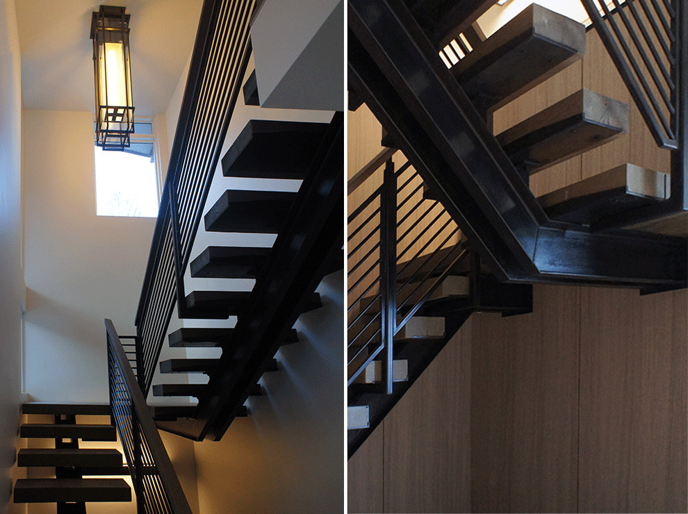 Diseño de escalera en L contemporánea de tamaño medio con escalones de madera y contrahuellas de madera