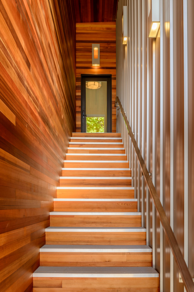 Staircase - small contemporary straight staircase idea in Seattle with wooden risers