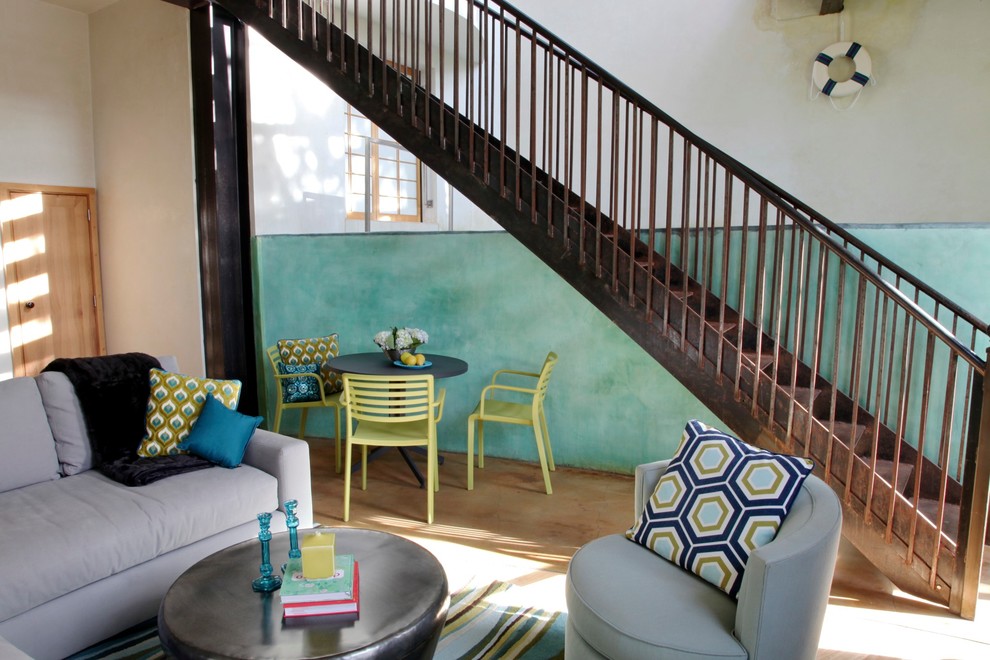 Example of a trendy metal straight staircase design in San Francisco with metal risers