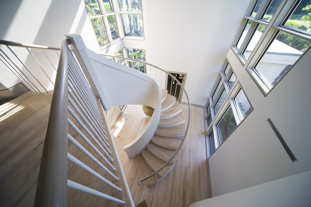 Пример оригинального дизайна: большая винтовая лестница в стиле модернизм с деревянными ступенями и крашенными деревянными подступенками