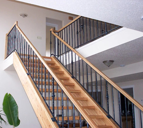 Inspiration pour un escalier sans contremarche droit traditionnel de taille moyenne avec des marches en bois et un garde-corps en métal.