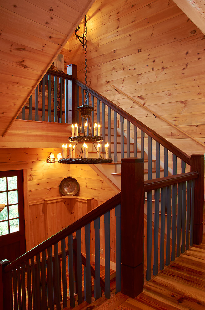 Medium sized classic wood u-shaped staircase in Other with wood risers.