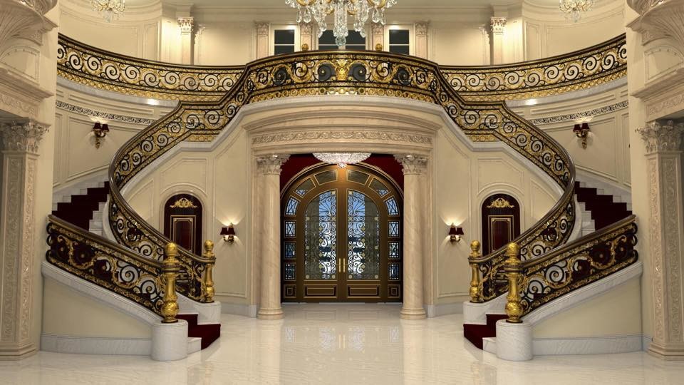 Пример оригинального дизайна: огромная п-образная металлическая лестница в современном стиле с ступенями с ковровым покрытием