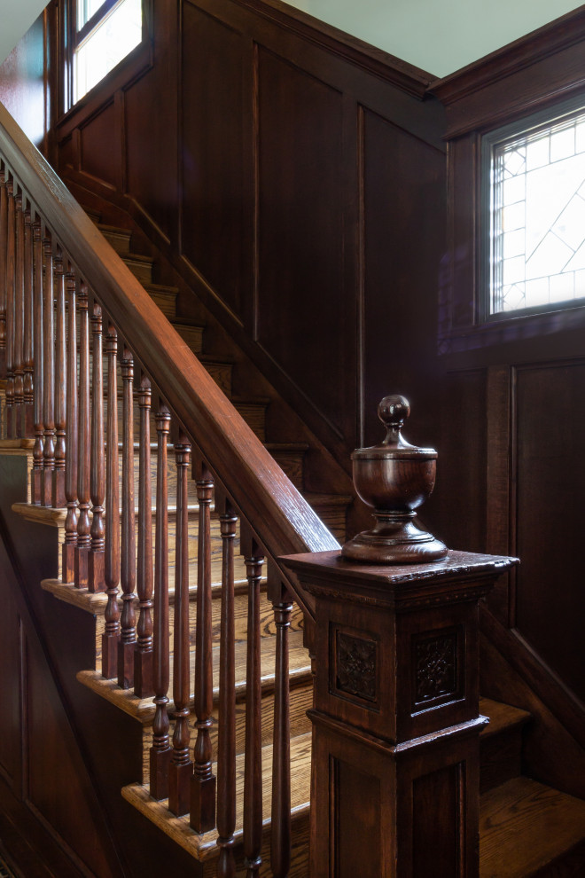 Design ideas for a traditional wood wood railing staircase in Boston with wood risers.