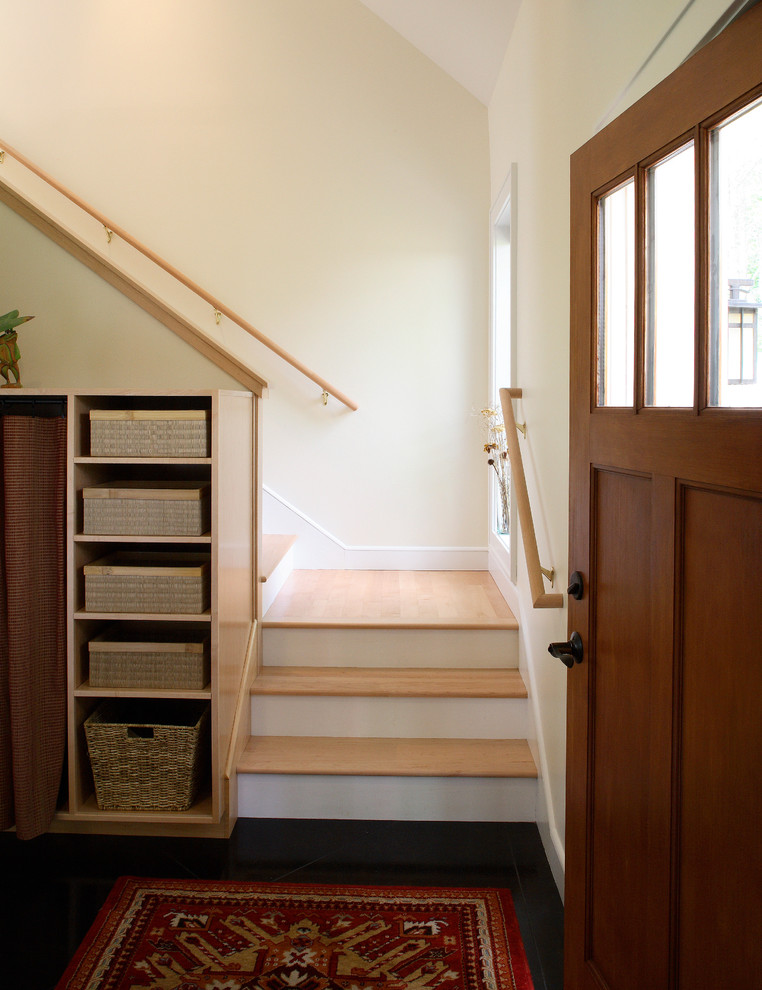 Inspiration for a timeless wooden staircase remodel in Portland Maine