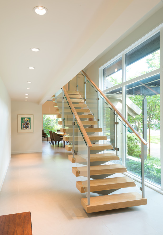 Staircase - large contemporary wooden floating open staircase idea in Dallas