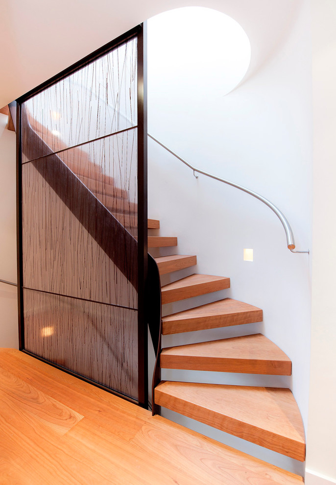 Aménagement d'un escalier sans contremarche courbe contemporain avec des marches en bois et éclairage.