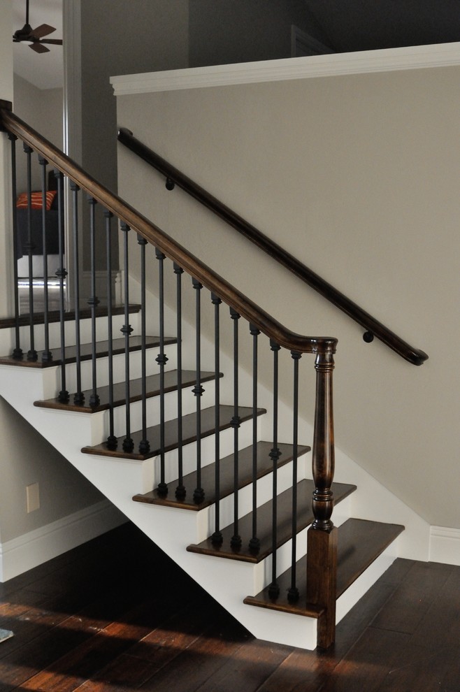 Small elegant wooden straight mixed material railing staircase photo in Miami with painted risers