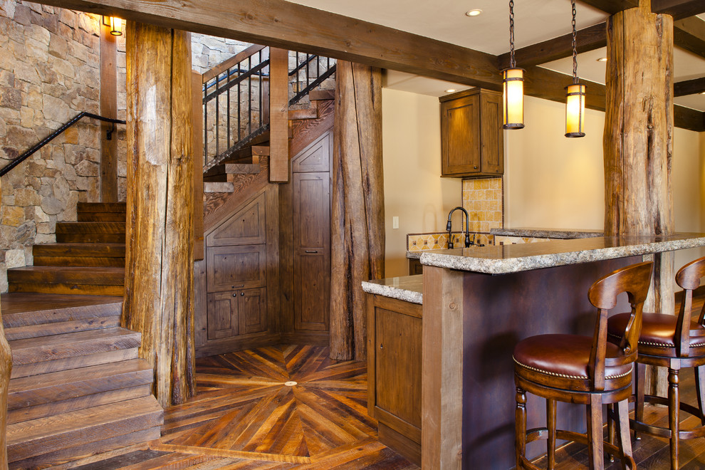 Inspiration for a rustic wood curved staircase in Albuquerque with wood risers and under stair storage.
