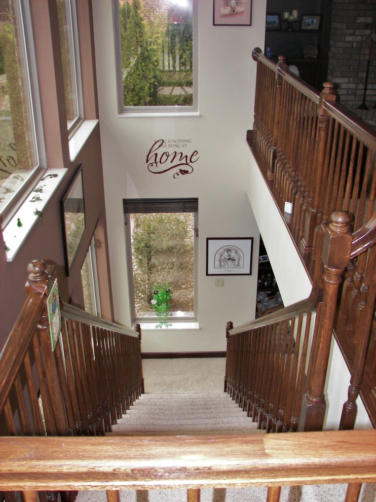 Design ideas for a medium sized classic carpeted straight staircase in St Louis with carpeted risers.