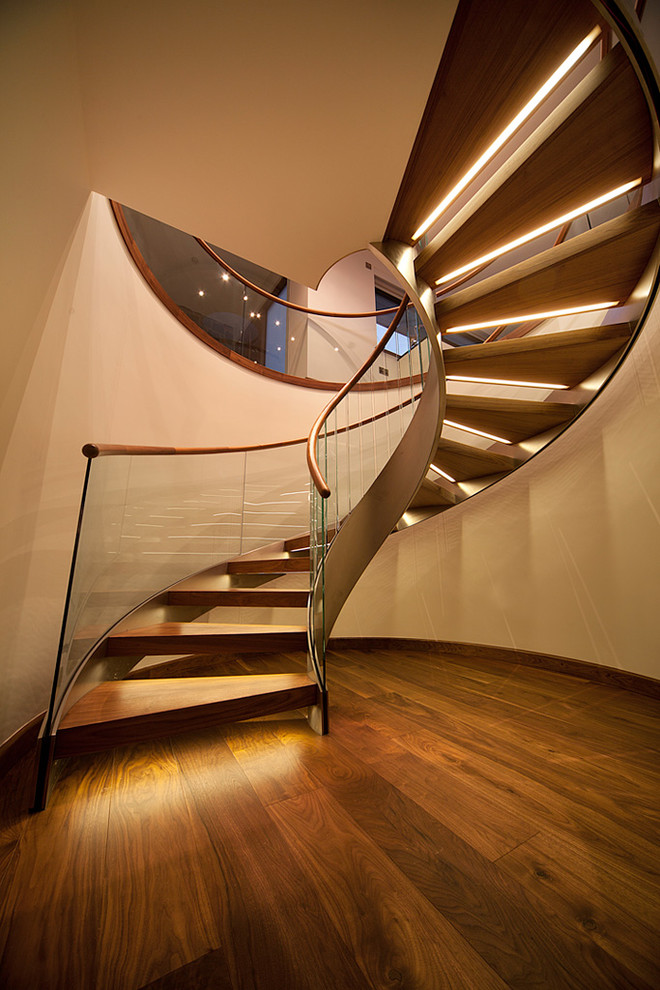 Источник вдохновения для домашнего уюта: изогнутая лестница среднего размера в современном стиле с деревянными ступенями без подступенок