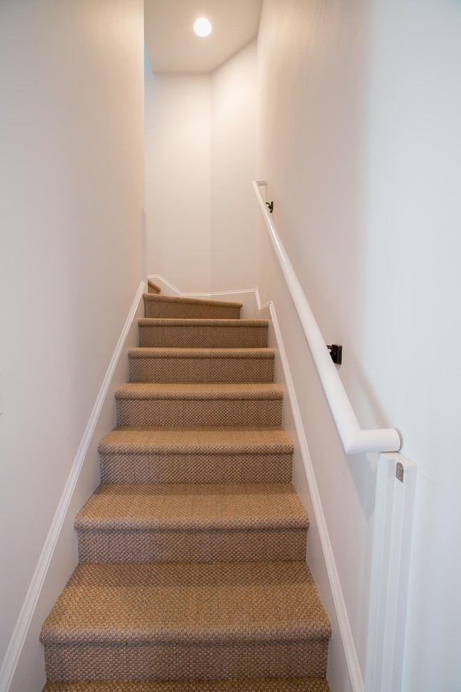 Example of a mid-sized beach style carpeted u-shaped staircase design in Other with carpeted risers