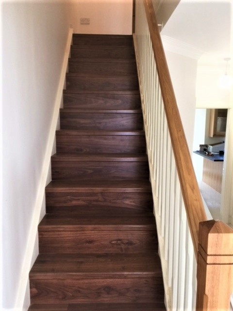 Exemple d'un escalier droit moderne de taille moyenne avec des marches en bois, des contremarches en bois et un garde-corps en bois.