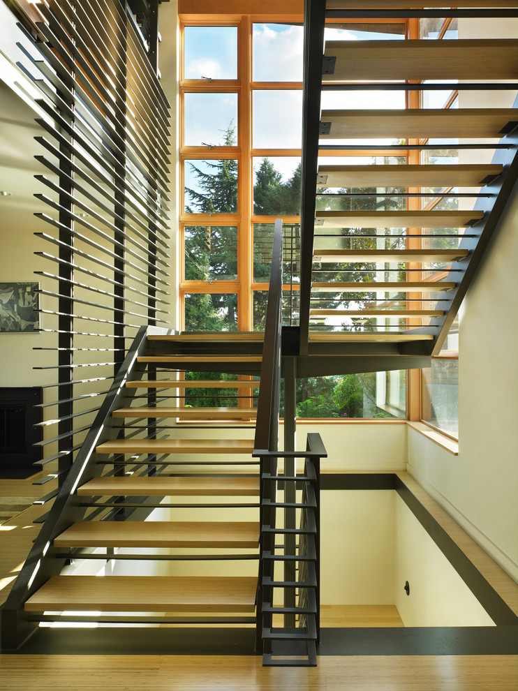 Photo of a contemporary wood u-shaped staircase in Seattle with open risers.