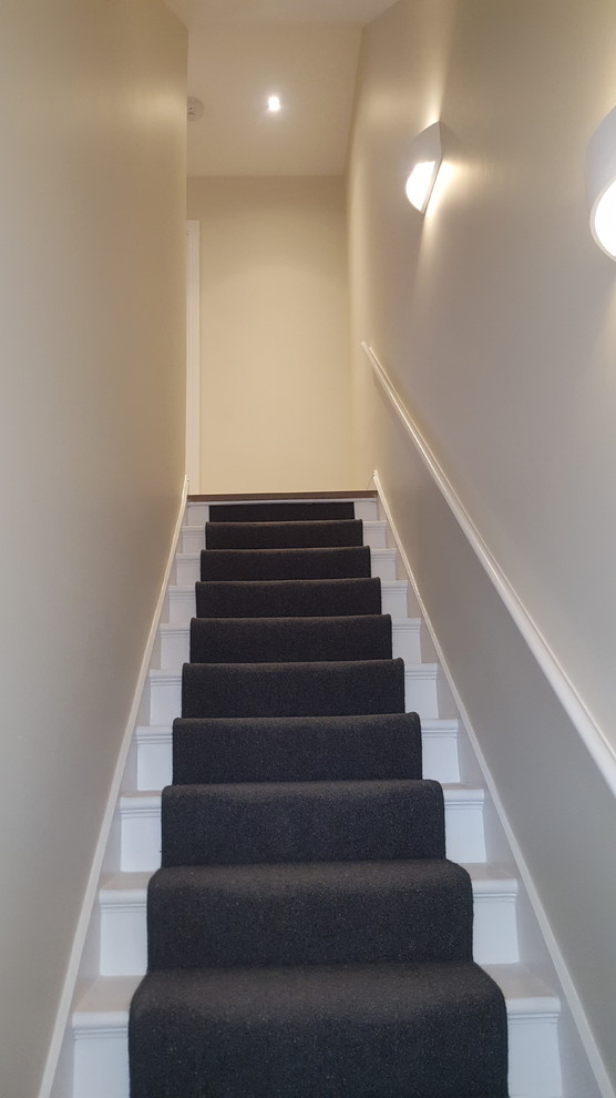 This is an example of a small contemporary carpeted straight wood railing staircase in London with carpeted risers.