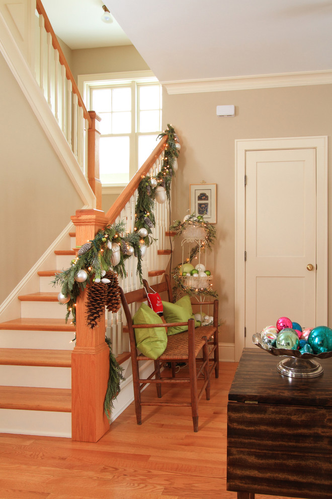 Staircase - farmhouse staircase idea in Minneapolis with wooden risers