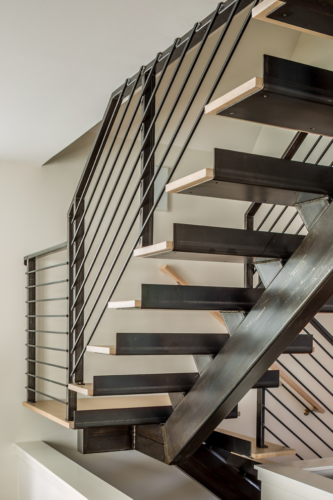 Imagen de escalera en L minimalista sin contrahuella con escalones de madera