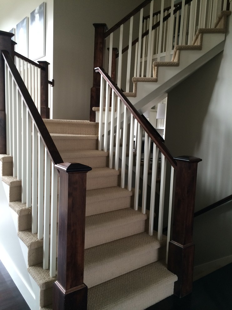 Inspiration for a medium sized classic carpeted u-shaped staircase in Salt Lake City with carpeted risers.