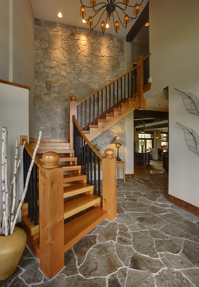 Источник вдохновения для домашнего уюта: угловая лестница среднего размера в стиле рустика с деревянными ступенями без подступенок