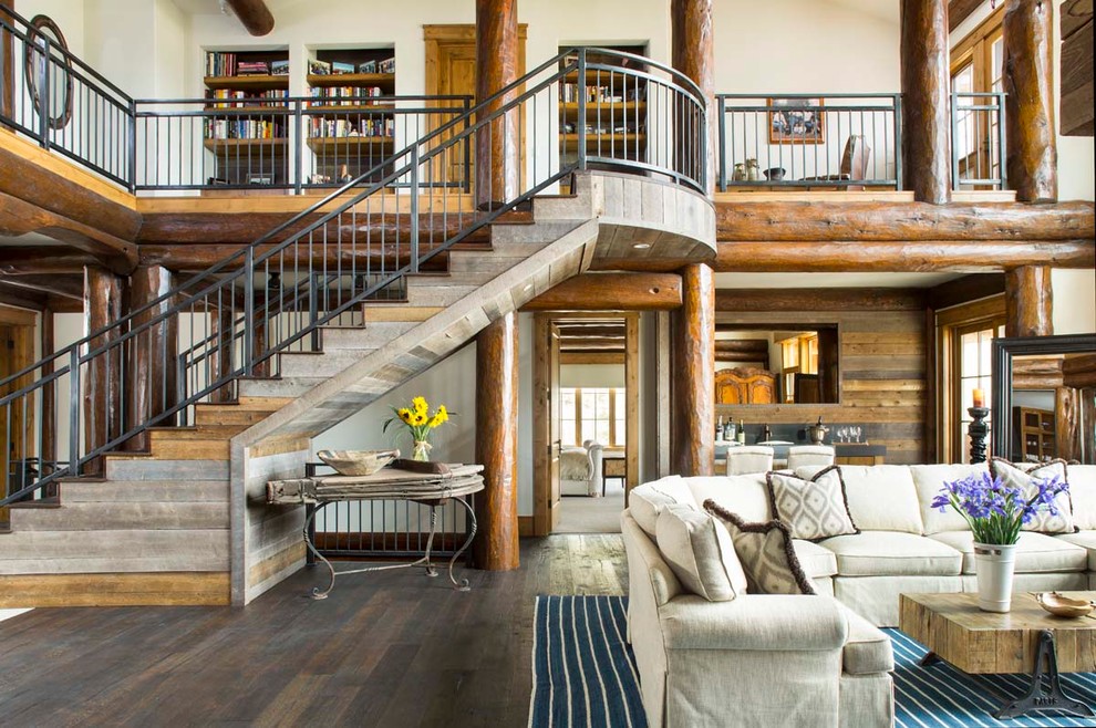 Inspiration for a large rustic staircase in Denver.