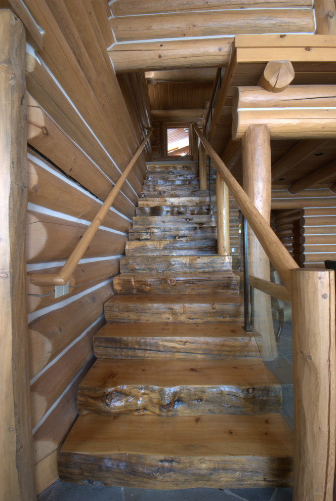 Exempel på en mellanstor rustik rak trappa i trä, med sättsteg i trä
