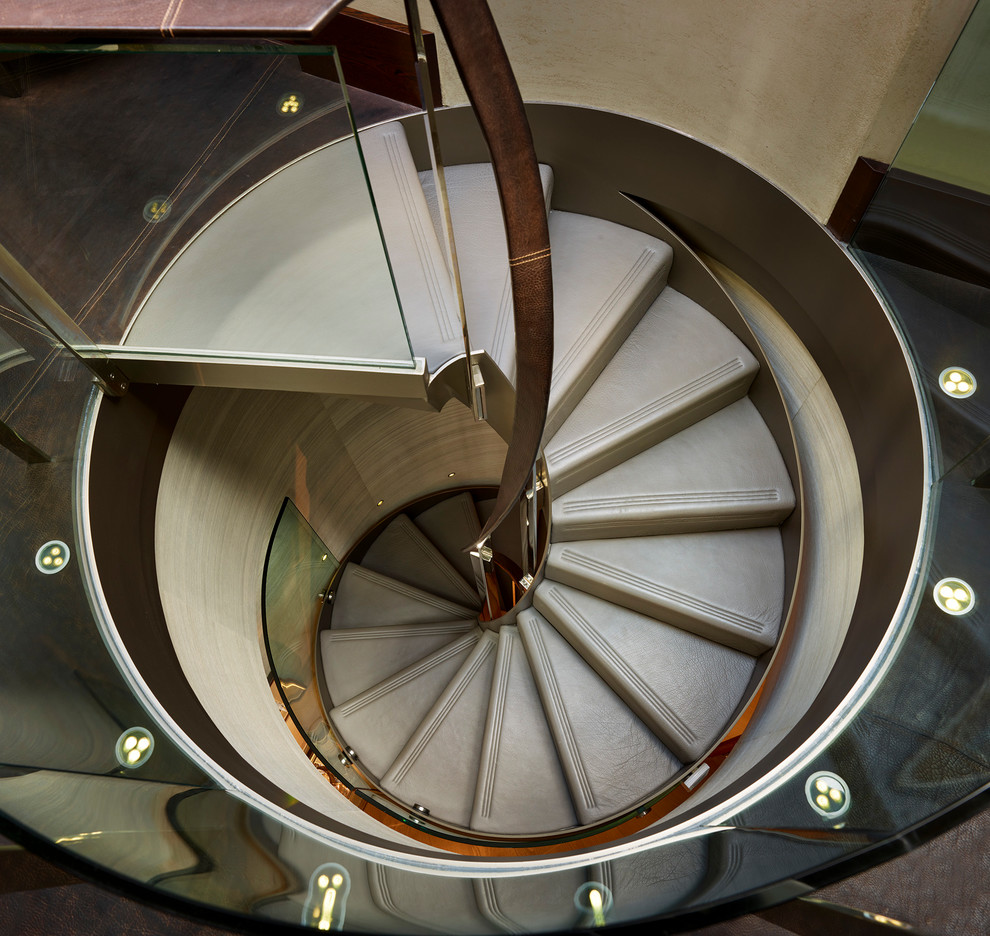 ロンドンにあるラグジュアリーな小さなコンテンポラリースタイルのおしゃれならせん階段 (ガラスフェンス) の写真