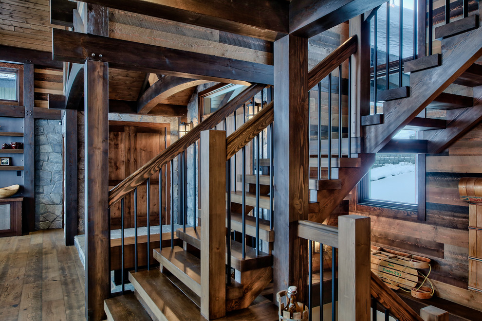 Staircase - mid-sized rustic wooden u-shaped open staircase idea in Vancouver
