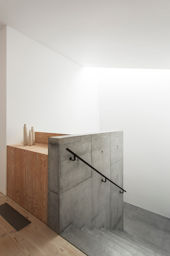 Cette image montre un escalier minimaliste en béton avec des contremarches en béton.