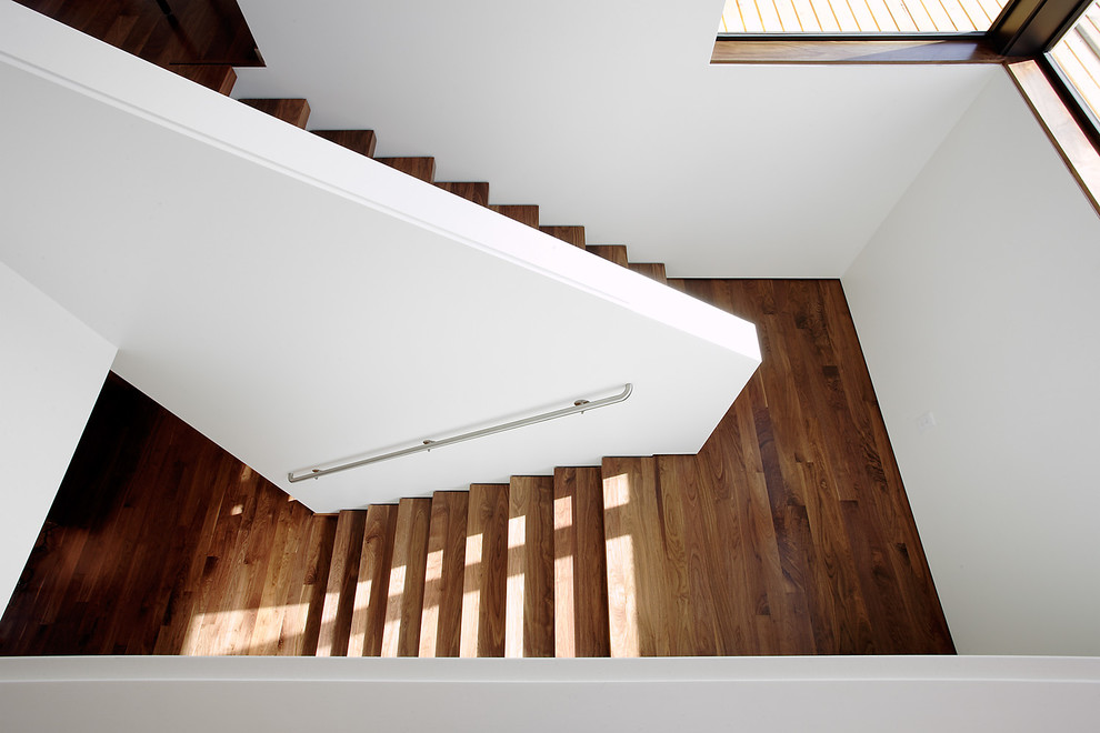 Example of a trendy wooden u-shaped staircase design in Seattle with wooden risers