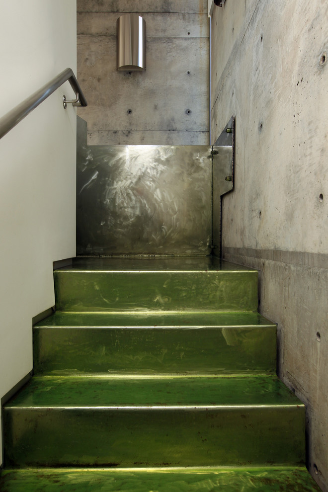 Источник вдохновения для домашнего уюта: прямая металлическая лестница среднего размера в стиле фьюжн с металлическими ступенями и металлическими перилами