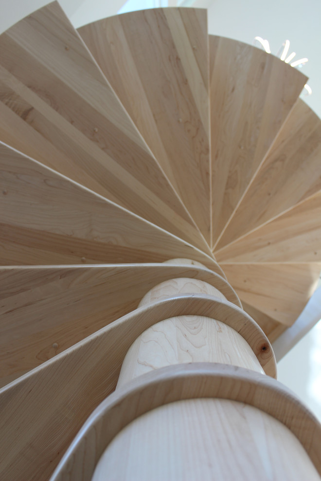 Diseño de escalera de caracol clásica renovada pequeña con escalones de madera, contrahuellas de madera y barandilla de varios materiales