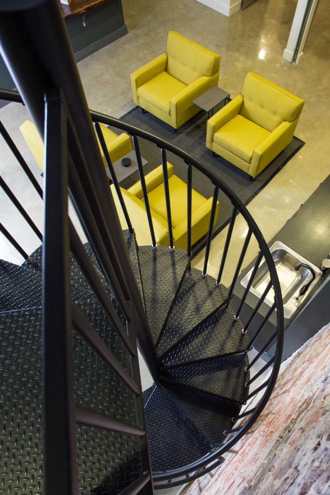 Inspiration for a small modern metal spiral staircase in Birmingham with open risers.
