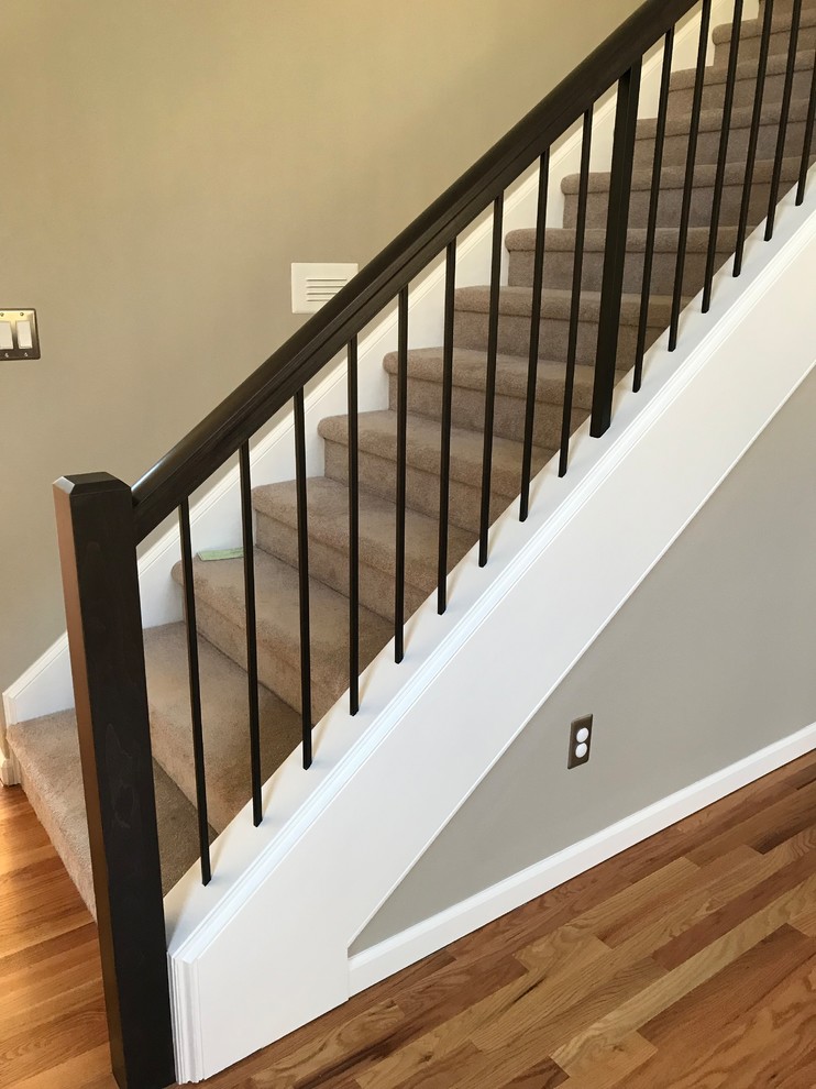 Cette image montre un escalier droit vintage de taille moyenne avec des marches en moquette, des contremarches en moquette et un garde-corps en matériaux mixtes.