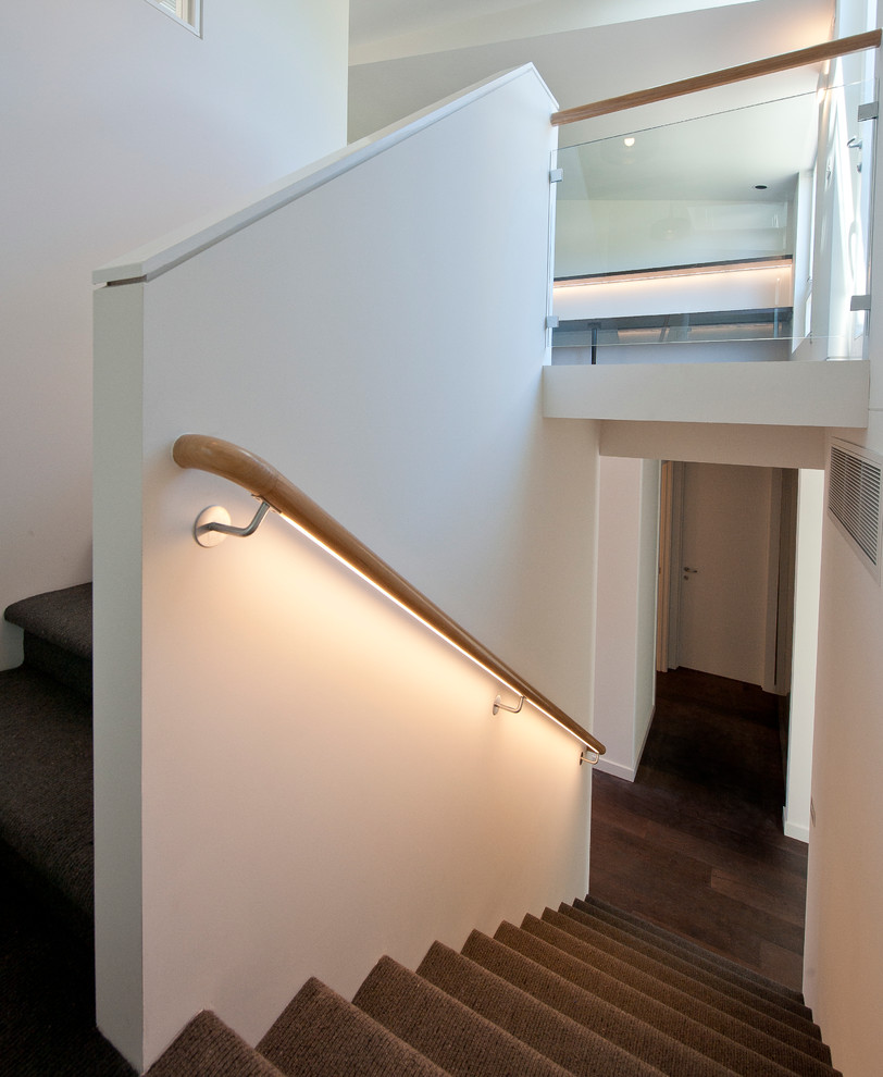 Свежая идея для дизайна: п-образная лестница среднего размера в стиле модернизм с ступенями с ковровым покрытием и ковровыми подступенками - отличное фото интерьера