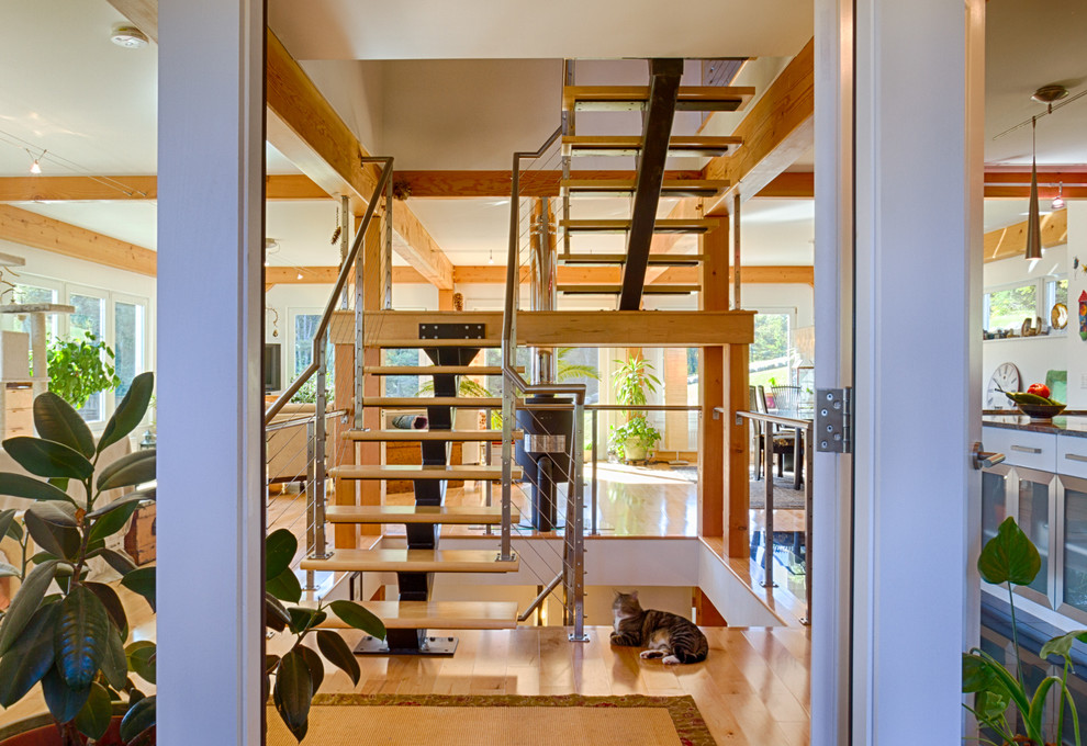 Cette photo montre un escalier sans contremarche flottant moderne avec des marches en bois.