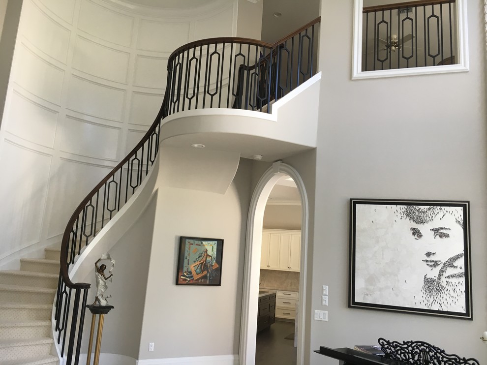 This is an example of a large modern carpeted curved wood railing staircase in Miami with carpeted risers.