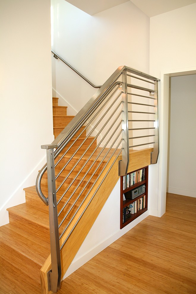 Photo of a medium sized modern wood l-shaped staircase in Other with wood risers.