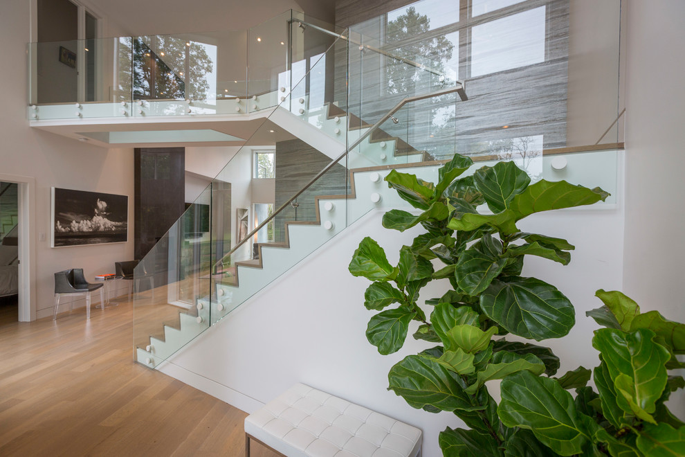 Foto de escalera en L contemporánea grande con escalones de madera, contrahuellas de madera y barandilla de vidrio