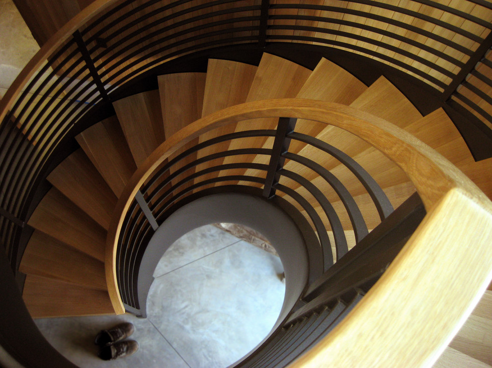 Inspiration for a modern wooden spiral staircase remodel in Other
