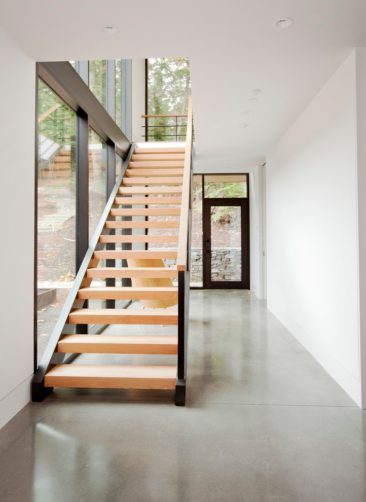Пример оригинального дизайна: прямая лестница среднего размера в стиле модернизм с деревянными ступенями без подступенок