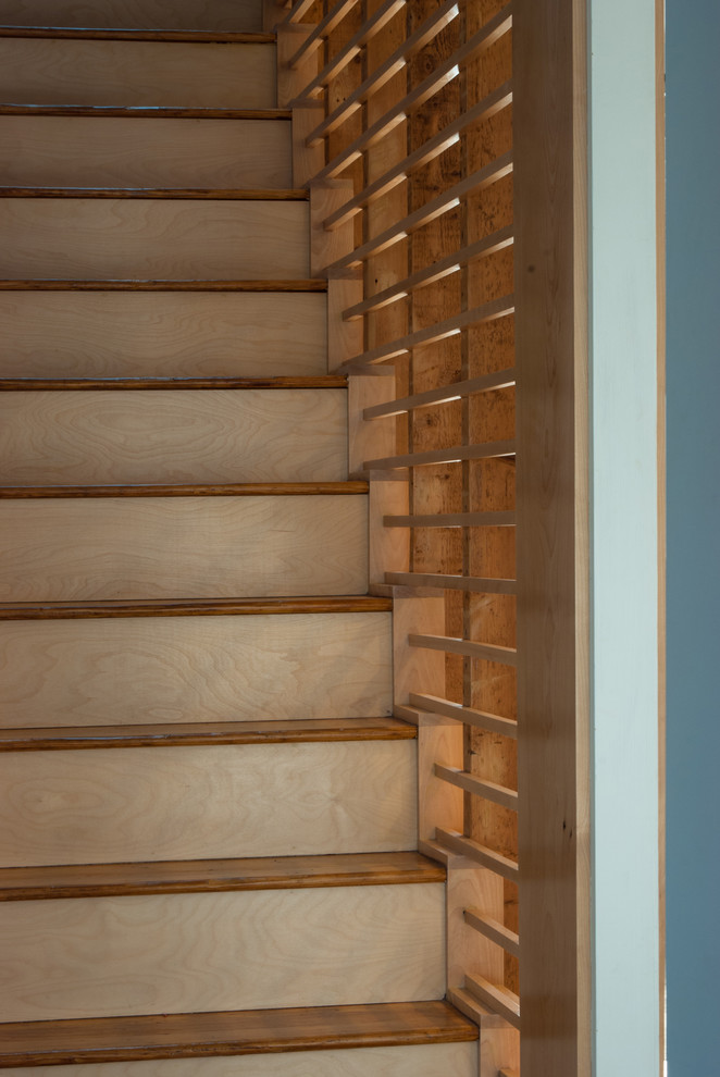 Idée de décoration pour un grand escalier droit design avec des marches en bois et des contremarches en bois.