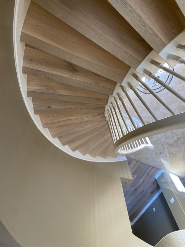 Example of a mid-sized classic wooden curved wood railing staircase design in San Diego with wooden risers