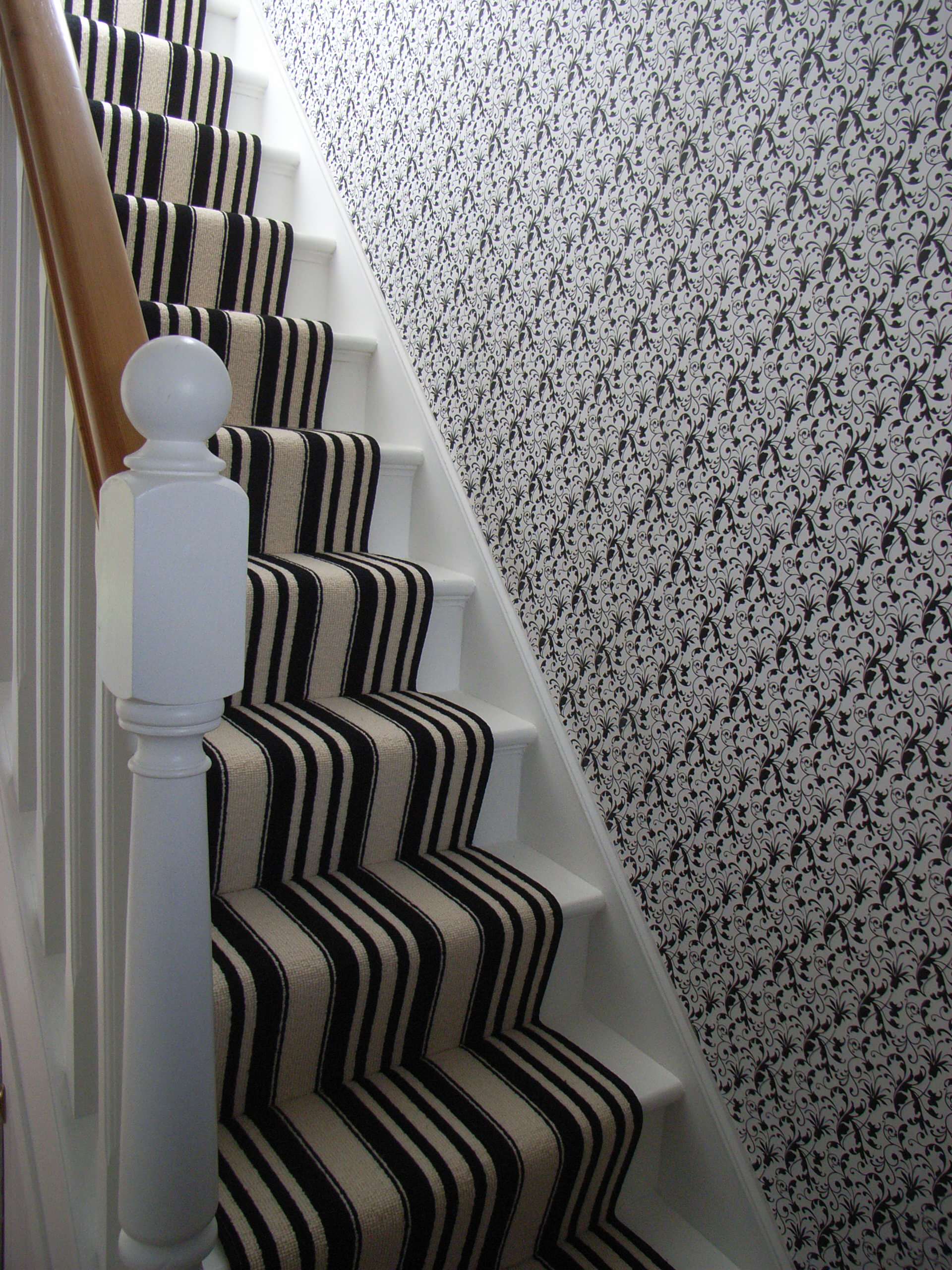 monochrome striped stair carpet runner and patterned wallpaper -  Contemporary - Staircase - Other - by Style Within Limited | Houzz