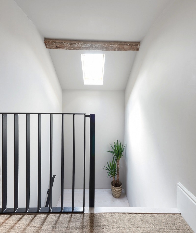 Imagen de escalera curva actual grande con barandilla de metal, escalones de madera y contrahuellas de metal