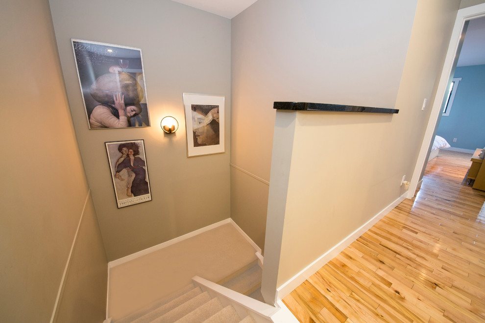 Mittelgroße Klassische Treppe in U-Form mit Teppich-Treppenstufen und Teppich-Setzstufen in Calgary